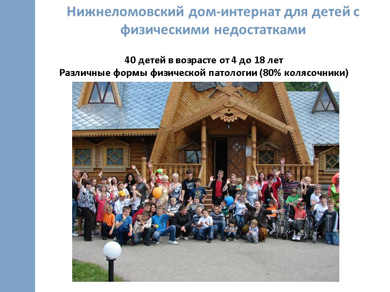 40 детей в возрасте от 4 до 18 лет Различные формы физической патологии (80%